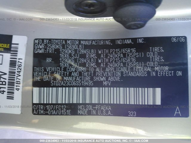 5TDZA23C06S519495 - 2006 TOYOTA SIENNA CE/LE SILVER photo 9