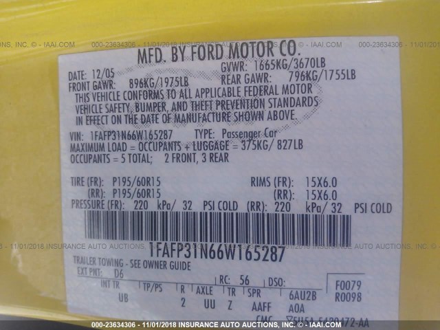 1FAFP31N66W165287 - 2006 FORD FOCUS ZX3 YELLOW photo 9