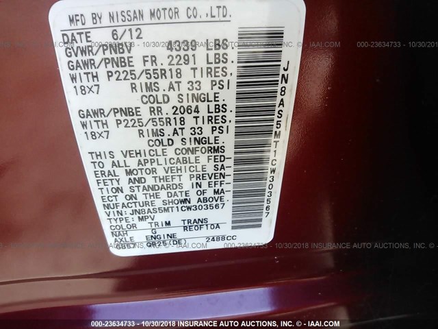 JN8AS5MT1CW303567 - 2012 NISSAN ROGUE S/SV RED photo 9
