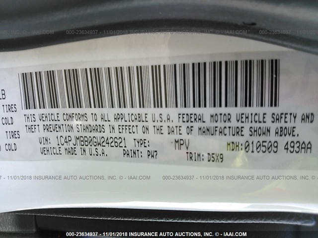 1C4PJMBB0GW242621 - 2016 JEEP CHEROKEE TRAILHAWK 白色 照片 9