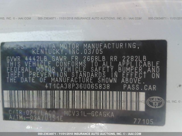 4T1CA38P36U065838 - 2006 TOYOTA CAMRY SOLARA SE/SLE თეთრი ფოტო 9