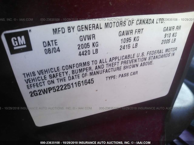2G2WP522251161645 - 2005 PONTIAC GRAND PRIX Շագանակագույն լուսանկար 9