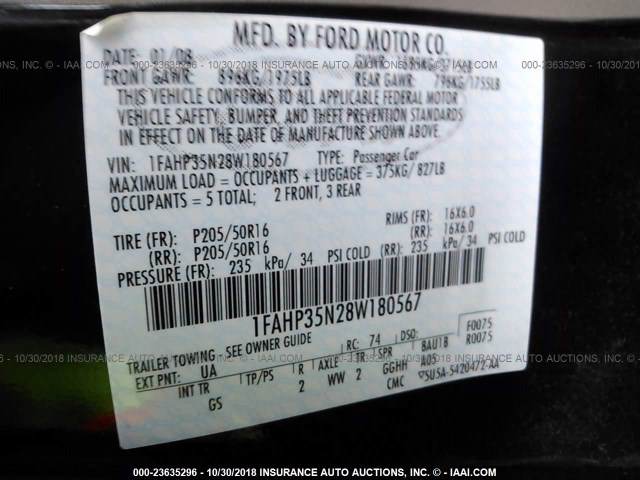 1FAHP35N28W180567 - 2008 FORD FOCUS SE/SEL/SES BLACK photo 9