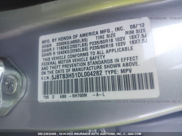 5J8TB3H51DL004282 - 2013 ACURA RDX TECHNOLOGY SILVER photo 9