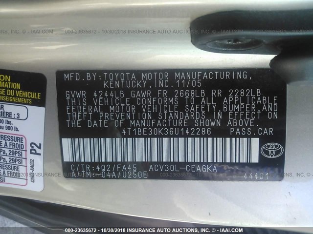 4T1BE30K36U142286 - 2006 TOYOTA CAMRY LE/XLE/SE GOLD photo 9