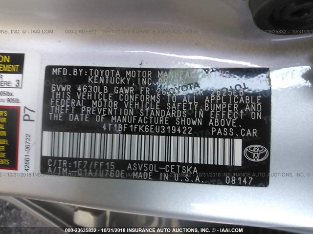 4T1BF1FK6EU319422 - 2014 TOYOTA CAMRY L/SE/LE/XLE Gümüş foto 9