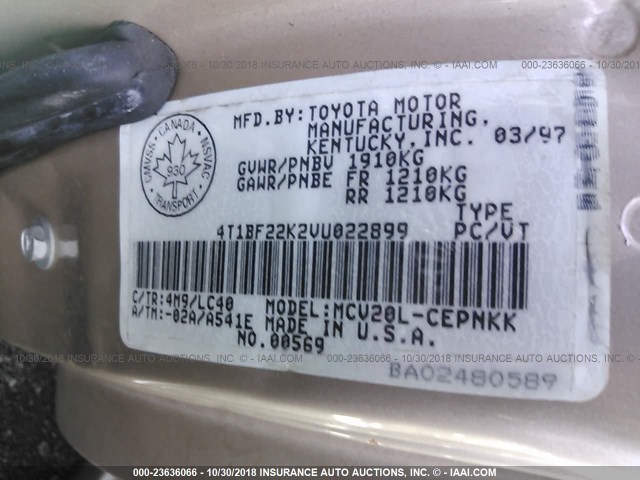 4T1BF22K2VU022899 - 1997 TOYOTA CAMRY CE/LE/XLE 金色 照片 9