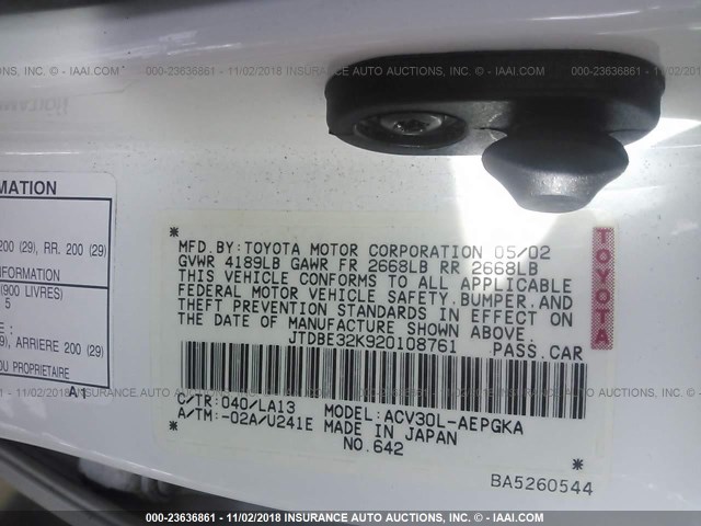 JTDBE32K920108761 - 2002 TOYOTA CAMRY LE/XLE/SE Ağ foto 9