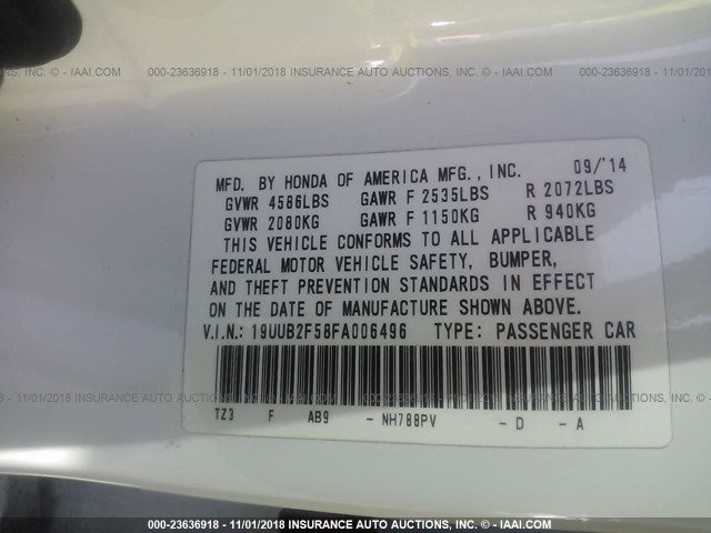 19UUB2F58FA006496 - 2015 ACURA TLX TECH WHITE photo 9