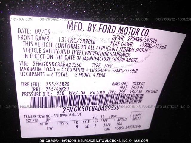 2FMGK5DC8ABA29350 - 2010 FORD FLEX LIMITED BLACK photo 9