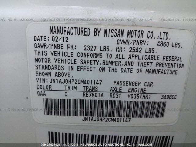 JN1AJ0HP2CM401147 - 2012 INFINITI EX35 JOURNEY WHITE photo 9