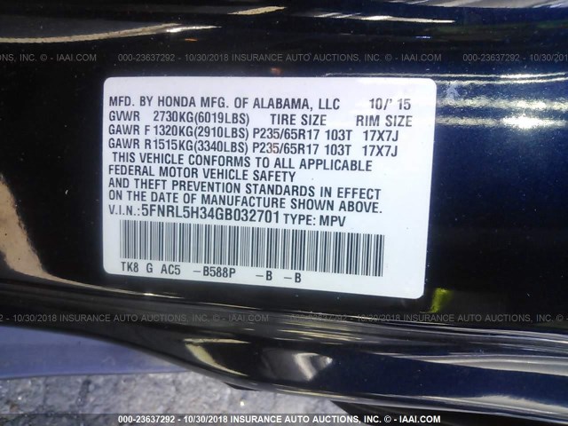 5FNRL5H34GB032701 - 2016 HONDA ODYSSEY SE BLUE photo 9