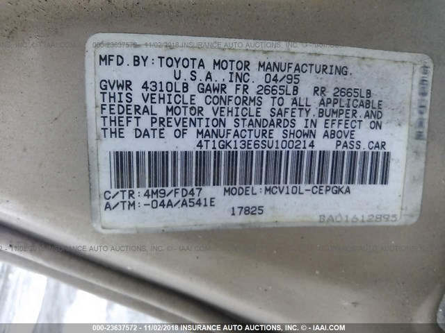 4T1GK13E6SU100214 - 1995 TOYOTA CAMRY XLE SILVER photo 9