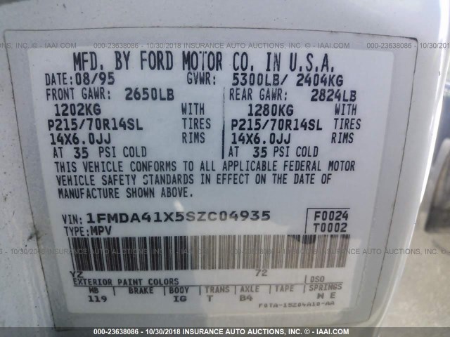 1FMDA41X5SZC04935 - 1995 FORD AEROSTAR WHITE photo 9