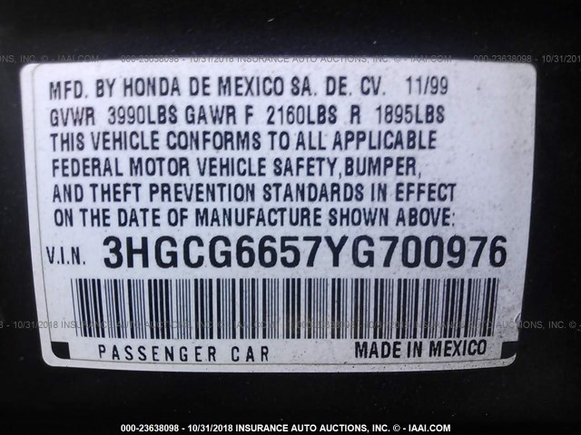 3HGCG6657YG700976 - 2000 HONDA ACCORD LX BLACK photo 9