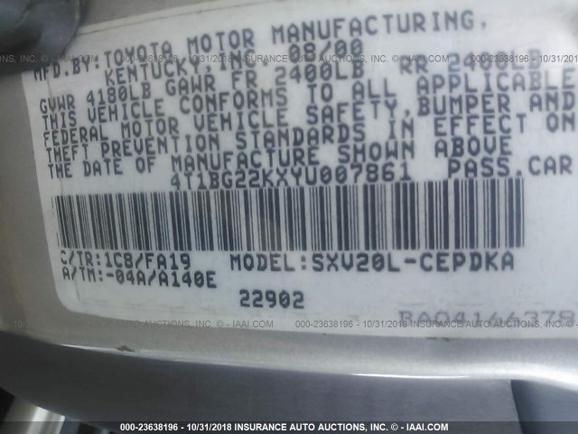 4T1BG22KXYU007861 - 2000 TOYOTA CAMRY CE/LE/XLE ნაცრისფერი ფოტო 9