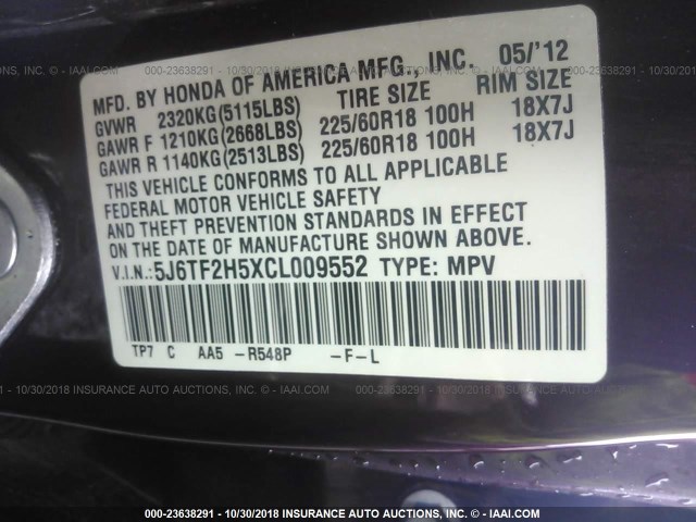 5J6TF2H5XCL009552 - 2012 HONDA CROSSTOUR EXL მუქწითელი ფოტო 9