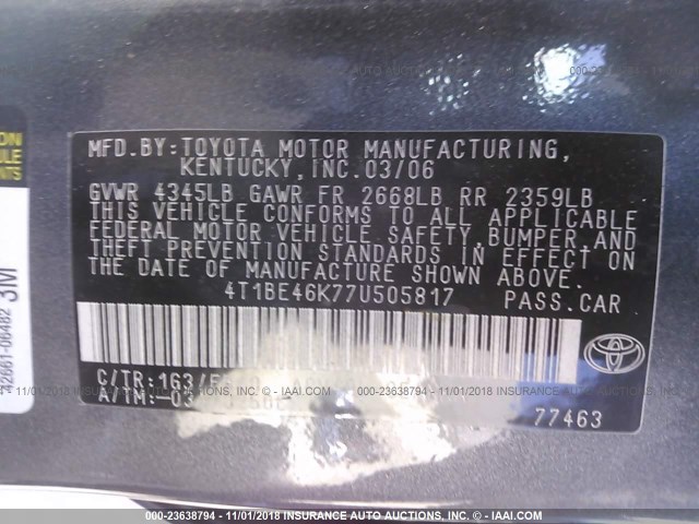 4T1BE46K77U505817 - 2007 TOYOTA CAMRY NEW GENERAT CE/LE/XLE/SE GRAY photo 9