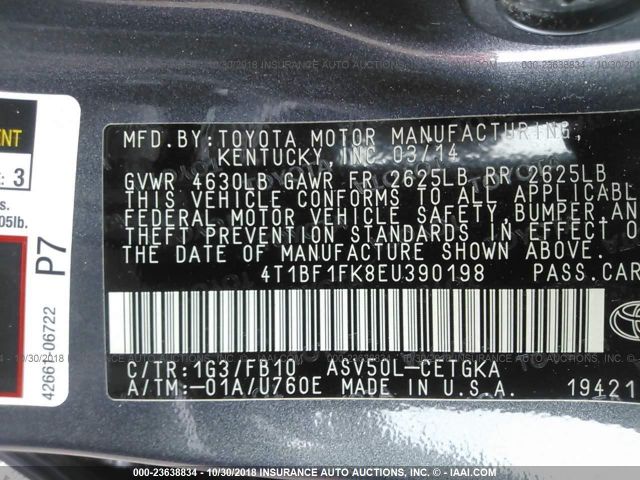 4T1BF1FK8EU390198 - 2014 TOYOTA CAMRY L/SE/LE/XLE 灰色 照片 9