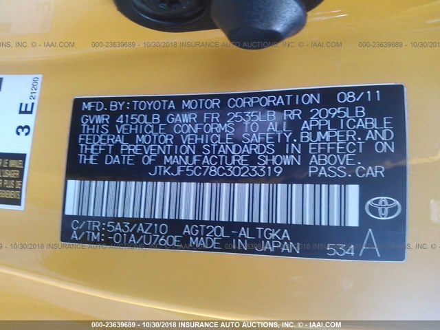 JTKJF5C78C3023319 - 2012 TOYOTA SCION TC ყვითელი ფოტო 9