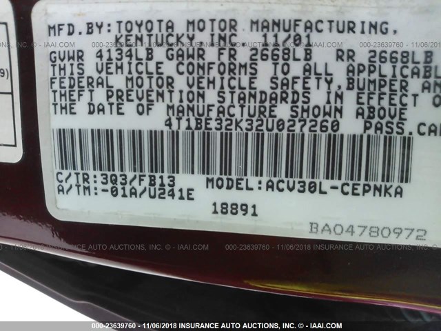 4T1BE32K32U027260 - 2002 TOYOTA CAMRY LE/XLE/SE MAROON photo 9