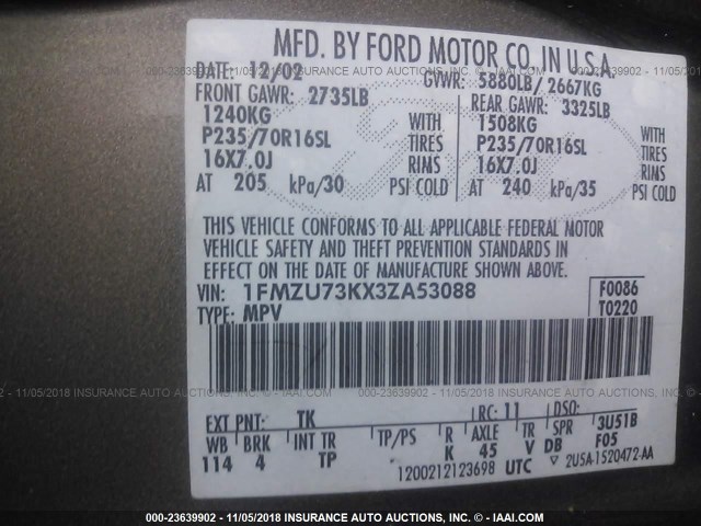 1FMZU73KX3ZA53088 - 2003 FORD EXPLORER XLT/XLT SPORT/NBX 棕色 照片 9