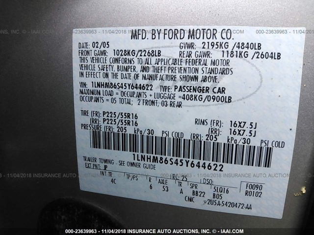 1LNHM86S45Y644622 - 2005 LINCOLN LS SILVER photo 9