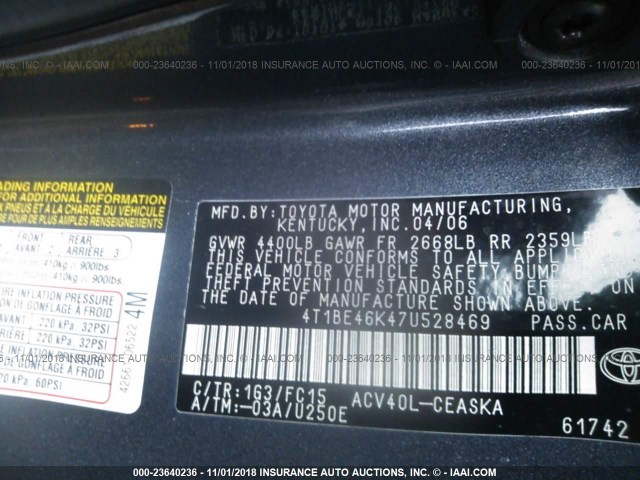 4T1BE46K47U528469 - 2007 TOYOTA CAMRY NEW GENERAT CE/LE/XLE/SE GRAY photo 9