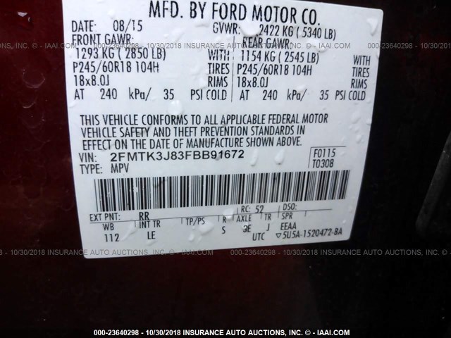 2FMTK3J83FBB91672 - 2015 FORD EDGE SEL RED photo 9