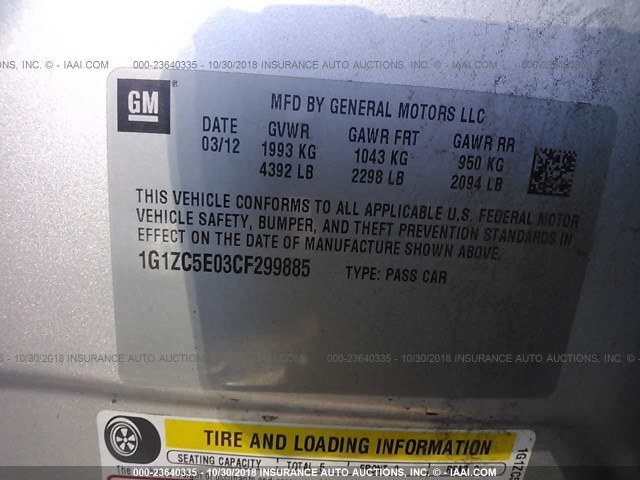 1G1ZC5E03CF299885 - 2012 CHEVROLET MALIBU 1LT SILVER photo 9