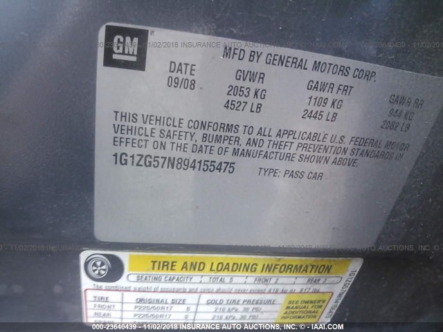 1G1ZG57N894155475 - 2009 CHEVROLET MALIBU LS Boz foto 9