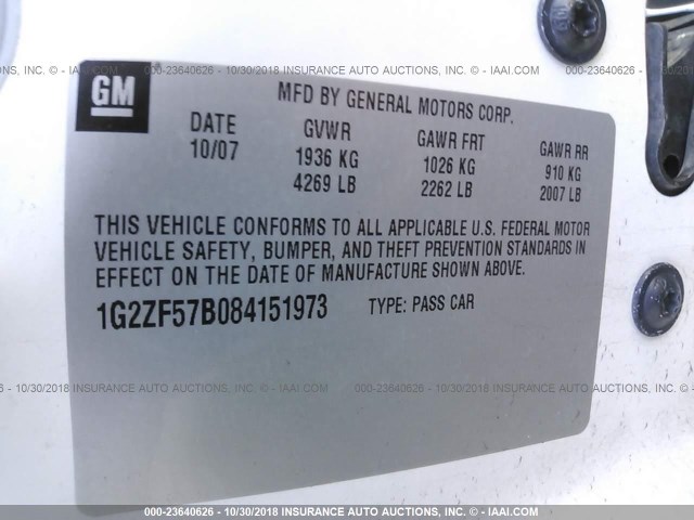 1G2ZF57B084151973 - 2008 PONTIAC G6 VALUE LEADER/BASE WHITE photo 9