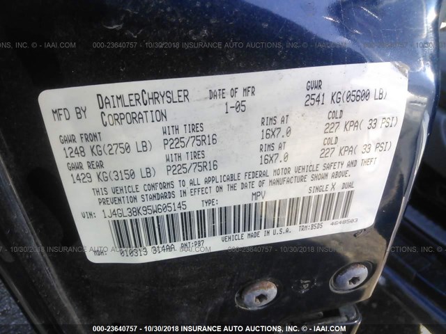 1J4GL38K95W605145 - 2005 JEEP LIBERTY RENEGADE BLUE photo 9