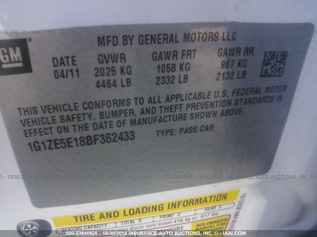 1G1ZE5E18BF362433 - 2011 CHEVROLET MALIBU LTZ 白色 照片 9