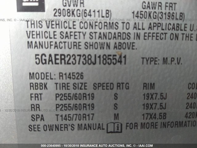 5GAER23738J185541 - 2008 BUICK ENCLAVE CXL Argent photo 9