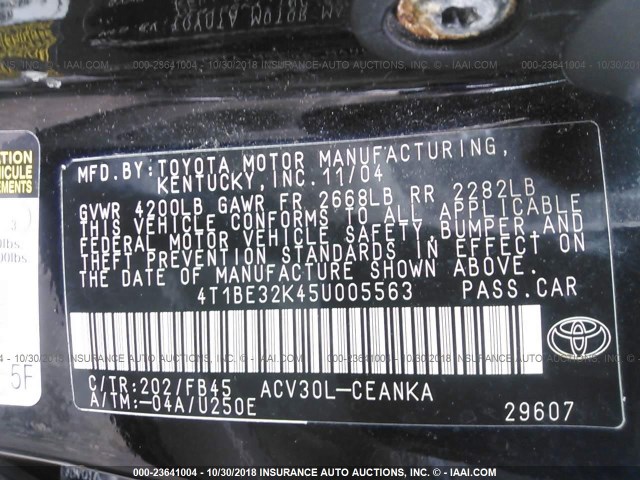 4T1BE32K45U005563 - 2005 TOYOTA CAMRY LE/XLE/SE BLACK photo 9