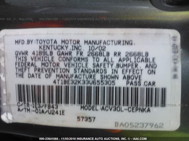 4T1BE32K33U655305 - 2003 TOYOTA CAMRY LE/XLE/SE Unknown photo 9