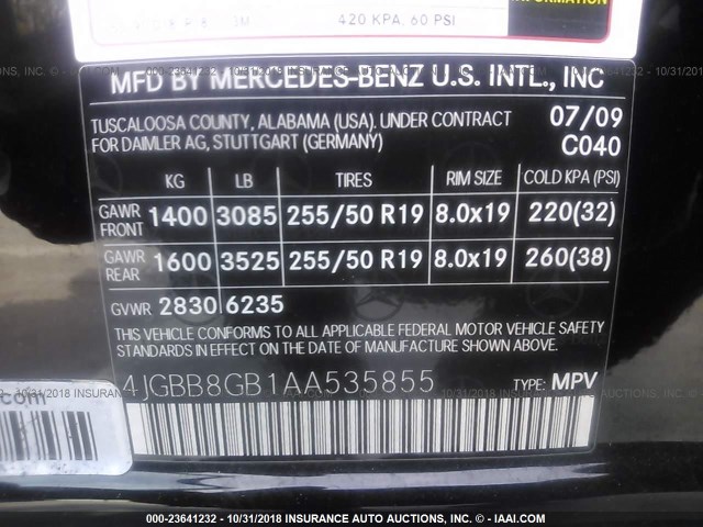 4JGBB8GB1AA535855 - 2010 MERCEDES-BENZ ML 350 4MATIC BLACK photo 9