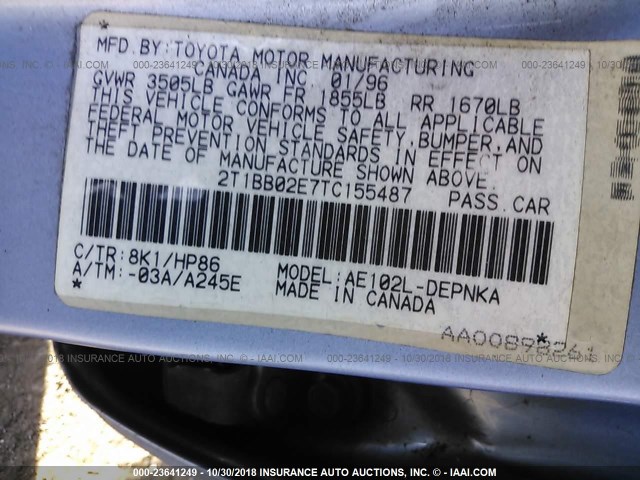 2T1BB02E7TC155487 - 1996 TOYOTA COROLLA DX BLUE photo 9