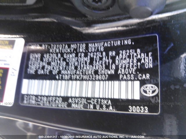 4T1BF1FK7HU329607 - 2017 TOYOTA CAMRY LE/XLE/SE/XSE 黑色 照片 9