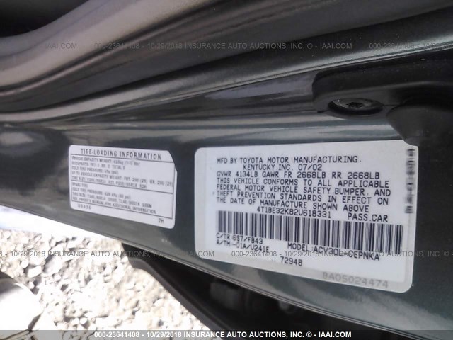 4T1BE32K82U618331 - 2002 TOYOTA CAMRY LE/XLE/SE GREEN photo 9