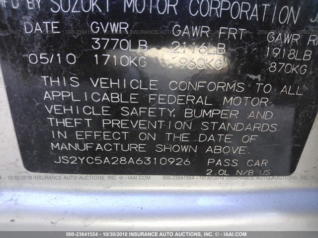 JS2YC5A28A6310926 - 2010 SUZUKI SX4 LE SILVER photo 9