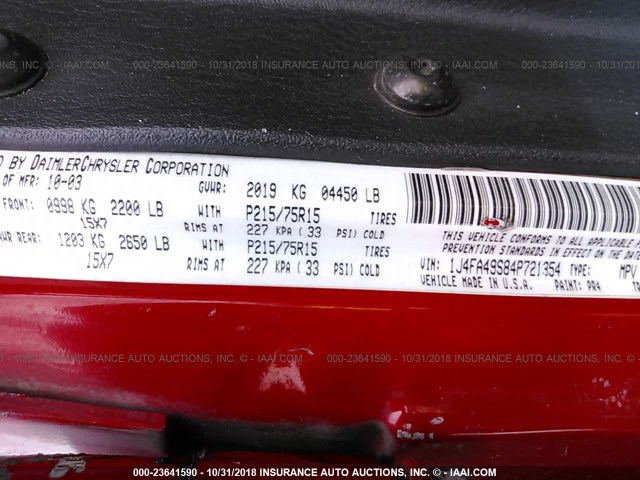 1J4FA49S84P721354 - 2004 JEEP WRANGLER / TJ SPORT RED photo 9