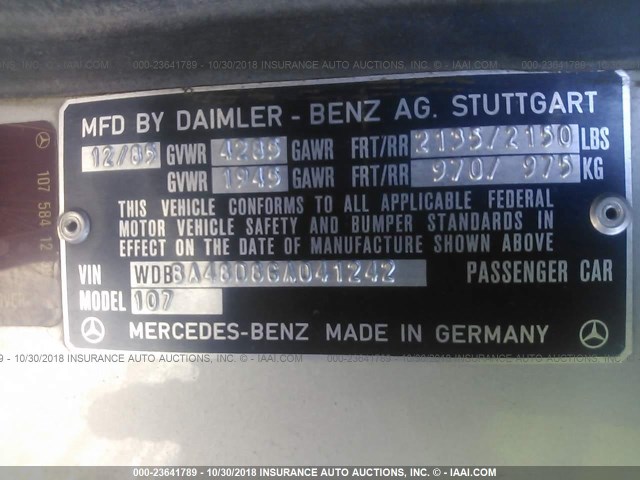 WDBBA48D8GA041242 - 1986 MERCEDES-BENZ 560 SL SILVER photo 9