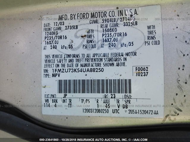 1FMZU73K54UA88250 - 2004 FORD EXPLORER XLT/XLT SPORT/NBX 银色 照片 9