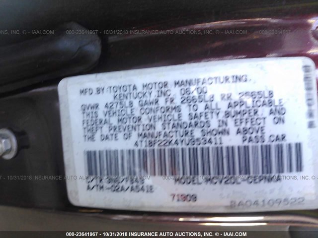 4T1BF22K4YU953411 - 2000 TOYOTA CAMRY LE/XLE RED photo 9