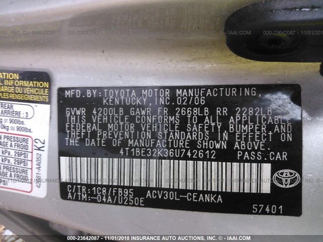 4T1BE32K36U742612 - 2006 TOYOTA CAMRY LE/XLE/SE SILVER photo 9