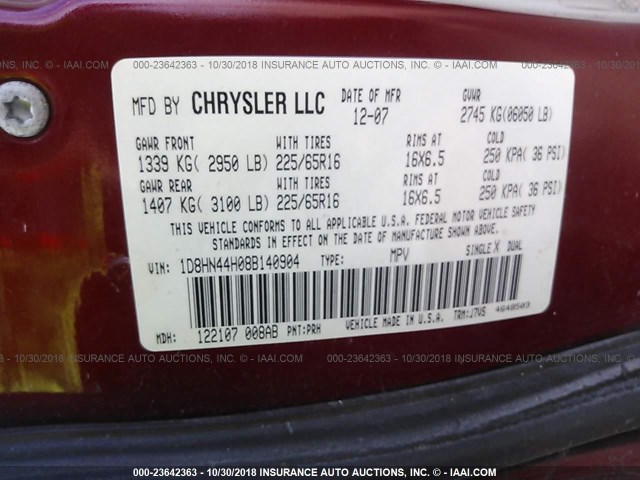 1D8HN44H08B140904 - 2008 DODGE GRAND CARAVAN SE RED photo 9