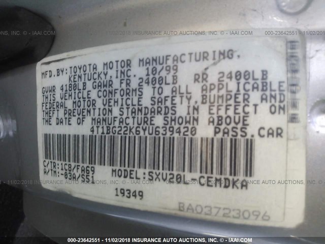 4T1BG22K6YU639420 - 2000 TOYOTA CAMRY CE/LE/XLE 银色 照片 9