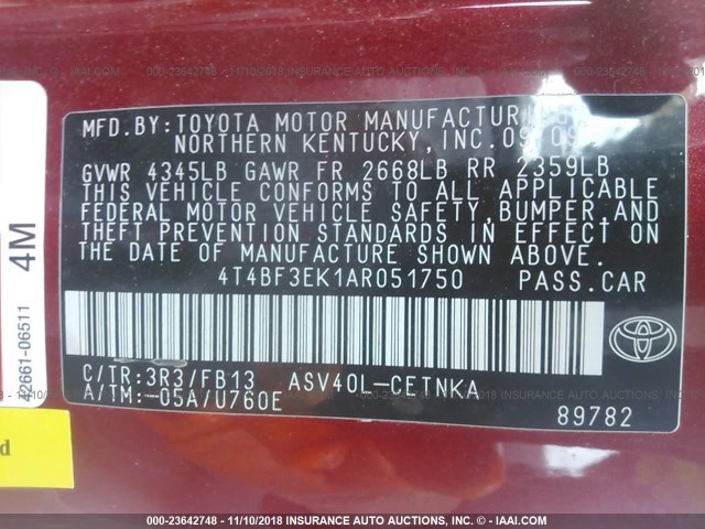 4T4BF3EK1AR051750 - 2010 TOYOTA CAMRY SE/LE/XLE RED photo 9